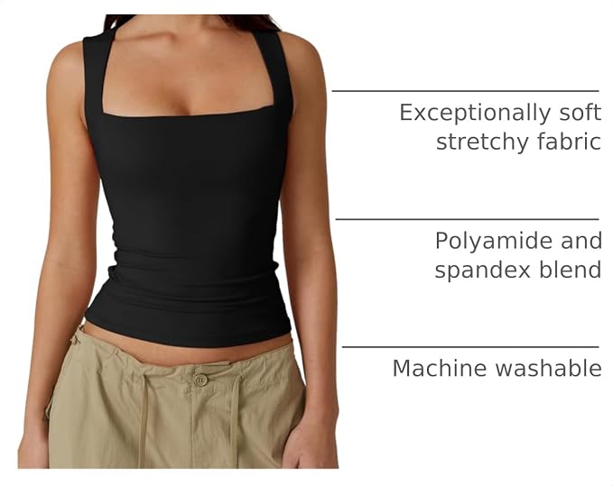 Black Women's Square Neck Sleeveless Double-Layer Tank Tops Basic Tight T Shirts