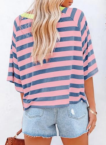 A Pink Stripe Tops for Women Striped 2026 Fashion T Shirts for Women Color Block Crewneck Design Loose Basic Tee