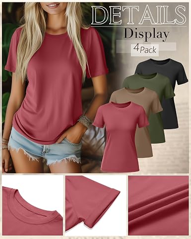 4 Pack Women's Cotton T Shirts Casual Short Sleeve Tunic Tops Crewneck Plain Summer Loose Fit Rolled Sleeve Basic Tee