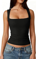 Black Women's Square Neck Sleeveless Double-Layer Tank Tops Basic Tight T Shirts