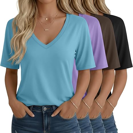 4 Pack Women's Half Sleeve Shirts V Neck Tops Elbow Length Loose Fit Straight Hem T Shirts Casual Summer Tees