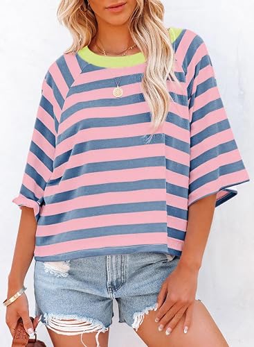 A Pink Stripe Tops for Women Striped 2026 Fashion T Shirts for Women Color Block Crewneck Design Loose Basic Tee