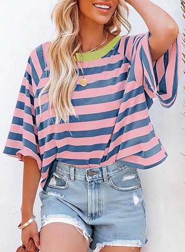 A Pink Stripe Tops for Women Striped 2026 Fashion T Shirts for Women Color Block Crewneck Design Loose Basic Tee