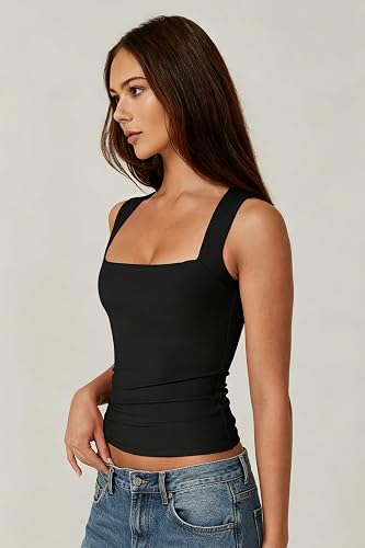 Black Women's Square Neck Sleeveless Double-Layer Tank Tops Basic Tight T Shirts