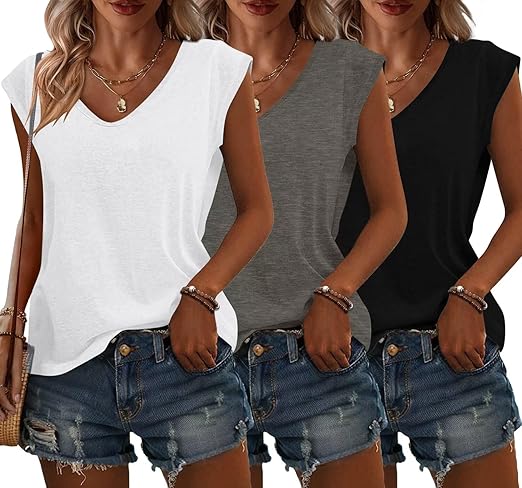 Grey+black+white 3 Pack Womens Cap Sleeve Tops V Neck T Shirts Summer Spring Outfits Beach Vacation Fashion Tee Blouse Workout Clothes
