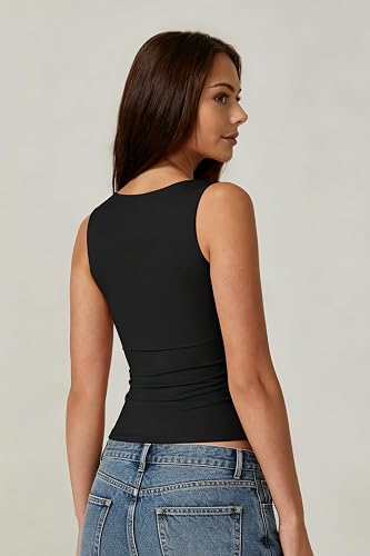 Black Women's Square Neck Sleeveless Double-Layer Tank Tops Basic Tight T Shirts