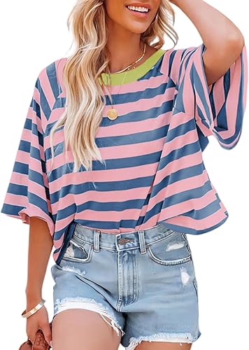 A Pink Stripe Tops for Women Striped 2026 Fashion T Shirts for Women Color Block Crewneck Design Loose Basic Tee