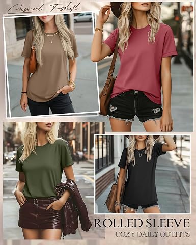 4 Pack Women's Cotton T Shirts Casual Short Sleeve Tunic Tops Crewneck Plain Summer Loose Fit Rolled Sleeve Basic Tee