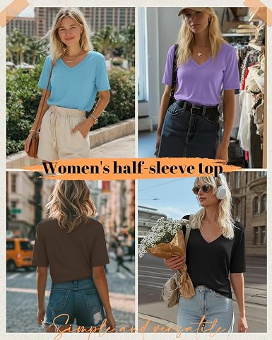 4 Pack Women's Half Sleeve Shirts V Neck Tops Elbow Length Loose Fit Straight Hem T Shirts Casual Summer Tees