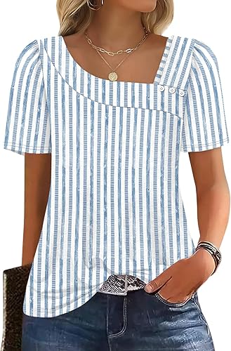 Stripes Blue Womens Summer Tops Short Sleeve Shirts Square Neck Spring Outfits 2026 Fashion Clothing Blouses