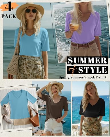 4 Pack Women's Half Sleeve Shirts V Neck Tops Elbow Length Loose Fit Straight Hem T Shirts Casual Summer Tees