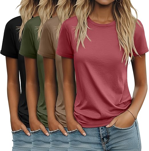 4 Pack Women's Cotton T Shirts Casual Short Sleeve Tunic Tops Crewneck Plain Summer Loose Fit Rolled Sleeve Basic Tee
