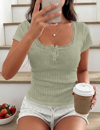 Sage Green Summer Tops for Women 2026 Short Sleeve Lace Trim Slim Fitted Henley Tee Shirts Y2K Fashion Clothing