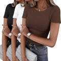 Black/Brown/White Women Short Sleeve Shirts Lightweight Basic Tops Ribbed Knit Outfit Tees Crew Neck T-Shirts Work Out Blouse