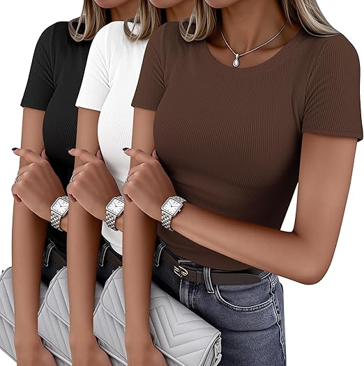 Black/Brown/White Women Short Sleeve Shirts Lightweight Basic Tops Ribbed Knit Outfit Tees Crew Neck T-Shirts Work Out Blouse