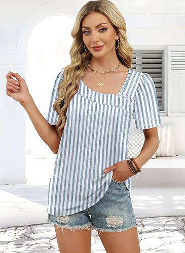 Stripes Blue Womens Summer Tops Short Sleeve Shirts Square Neck Spring Outfits 2026 Fashion Clothing Blouses