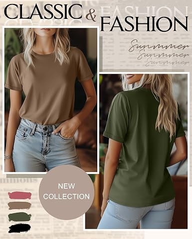 4 Pack Women's Cotton T Shirts Casual Short Sleeve Tunic Tops Crewneck Plain Summer Loose Fit Rolled Sleeve Basic Tee