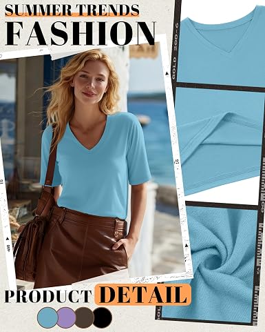 4 Pack Women's Half Sleeve Shirts V Neck Tops Elbow Length Loose Fit Straight Hem T Shirts Casual Summer Tees