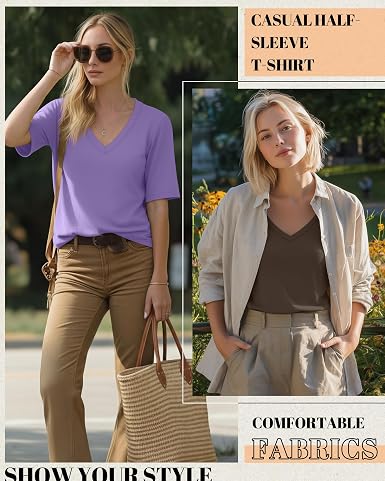 4 Pack Women's Half Sleeve Shirts V Neck Tops Elbow Length Loose Fit Straight Hem T Shirts Casual Summer Tees