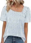 Stripes Blue Womens Summer Tops Short Sleeve Shirts Square Neck Spring Outfits 2026 Fashion Clothing Blouses