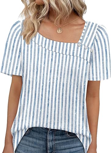 Stripes Blue Womens Summer Tops Short Sleeve Shirts Square Neck Spring Outfits 2026 Fashion Clothing Blouses